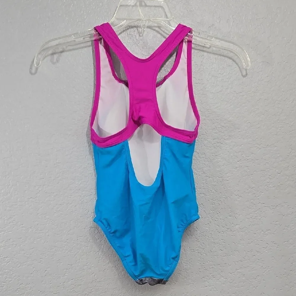 Speedo Girls One Piece Swimsuit Pink Gray Racerback UPF 50+ Size 8 Bathing Suit